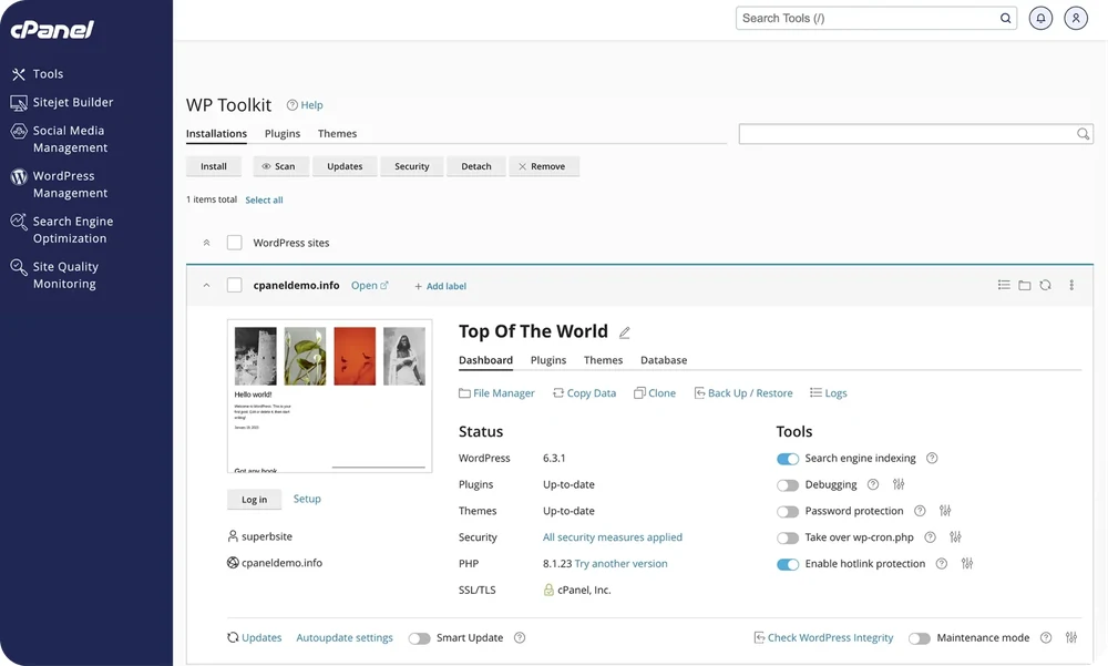 WP Toolkit dashboard